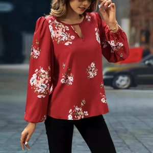 Elegante Damenbluse mit Blumendruck, Laternenärmeln und Ausschnitt im Streetwear-Stil