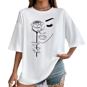 Women's white crew neck cotton T-shirt featuring a minimalist rose and face line art print