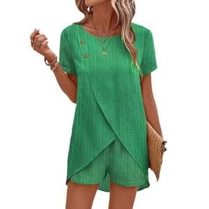 Green two-piece leisure set with short sleeve crossover hem top and matching shorts