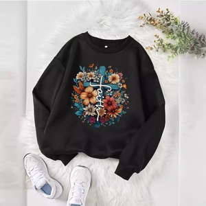 Sweat-shirt Noir Décontracté pour Femmes Doublé Polaire Manches Longues Faith Croix Imprimé Floral Col Rond Pullover Chaud Haut Automne Hiver