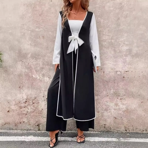 Women Elegant Color Block Long Top And Wide Leg Pants Set Polyester Casual Commuter Lace Up Side Slit Fashion Outfit