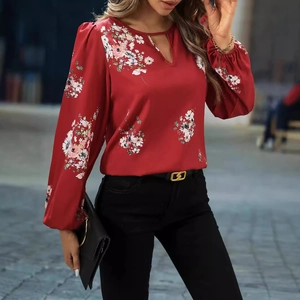 Elegante rote Blumenbluse mit Laternenärmeln, Rundhals und V-Ausschnitt für Damen
