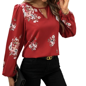 Elegante Blumenprint-Bluse mit Laternenärmeln und Keyhole-Ausschnitt in Dunkelrot