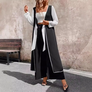 Women black and white three-piece set with long cardigan, tube top and wide-leg trousers