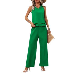 Women's green two-piece lounge set with a sleeveless V-neck top and high waist wide-leg pants