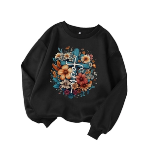 Sweatshirt noir pour femme avec imprimé fleuri croix de foi et manches longues