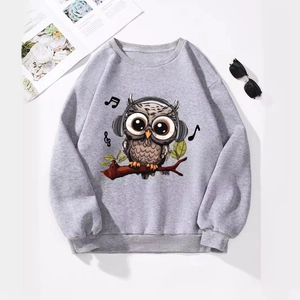 Women Casual Long Sleeve Round Neck Sweatshirt Fashion Cartoon Owl Print Pullover Gray Ribbed Cuffs Autumn Winter Top