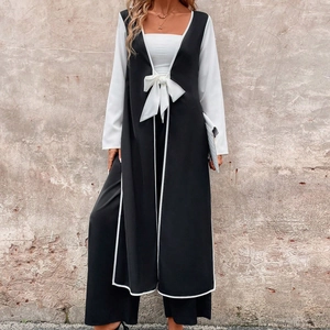 Women's 3-piece set with black long vest, white long sleeve top and wide leg trousers