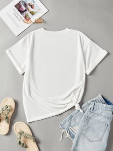 White cotton T-shirt detail featuring a stylish side-knot hem and classic cuffed sleeves