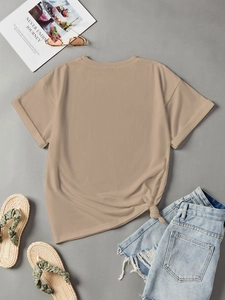 Detail of khaki short sleeve T-shirt with stylish side knot hem and rolled cuffs design