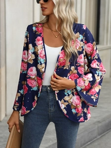 Detail of floral printed navy blazer with pink roses and small white polka dots pattern