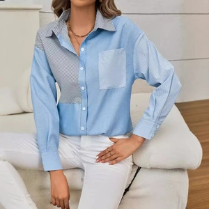 Women's autumn long sleeve striped shirt with patchwork pocket in sky blue and white