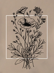 Close-up of minimalist black ink botanical floral art print on casual summer t-shirt