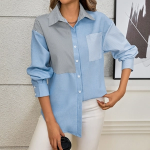 Women's light blue long sleeve shirt with stylish striped patchwork and collared button-down