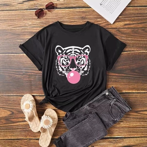 Women Casual Round Neck Short Sleeve T-Shirt With Cartoon Tiger Print Fashionable Breathable Summer Polyester Daily Top