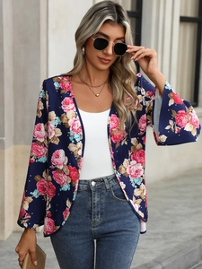Detail of bohemian navy blue floral cardigan with flared sleeves and summer print
