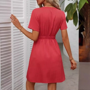Watermelon red short sleeve high waist mini dress with pleated texture on model back