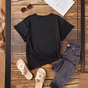 Women's summer black cotton t-shirt with side knot and cartoon tiger print flat lay style
