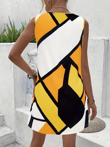 Detail view of summer plaid sleeveless A-line dress with geometric contrast patterns