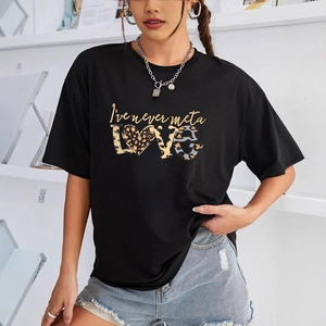 Women's black round neck T-shirt with leopard print LOVE letters and casual loose fit