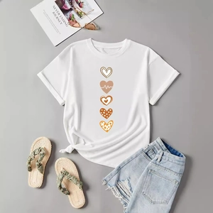 Women's Casual White Short Sleeve Crew Neck T-Shirt Boho Earthy Heart Print Knot Hem Summer Tee Top
