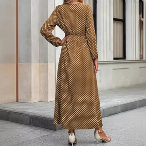 Polka dot long sleeve maxi dress in caramel brown with elegant high waist back view