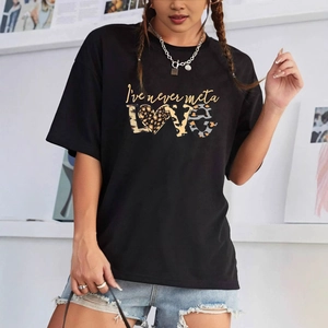 Women's casual black crewneck t-shirt with leopard print LOVE graphic and loose fit