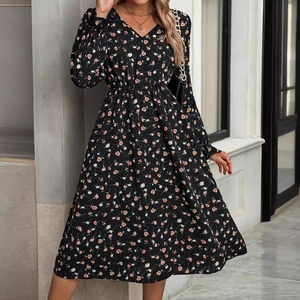 Robe Midi Femme Élégante à Fleurs Col en V Manches Longues Poignet à Volants Taille Haute Trapèze Polyester Mode Fête