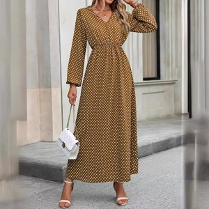 Elegant V-neck long sleeve caramel maxi dress with white polka dots and high waist