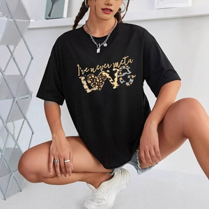 Women's black cotton t-shirt with leopard print LOVE graphic and crew neck in casual style