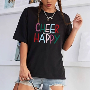 T-Shirt Noir Décontracté pour Femmes Col Rond Manches Courtes Imprimé Lettres Colorées Coupe Large Mélange de Coton Streetwear