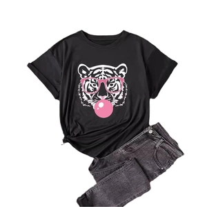 Women's summer black crewneck T-shirt with cartoon tiger print and gray jeans