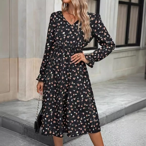 Robe mi-longue élégante à fleurs avec col en V et taille ceinturée pour l'automne