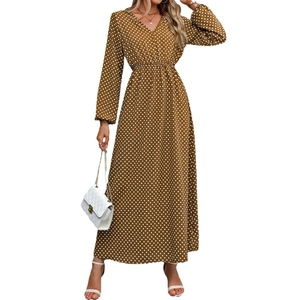 Elegant V-neck long sleeve tan polka dot maxi dress with elastic waist for women