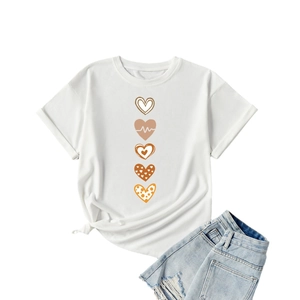 Women's summer white cotton T-shirt featuring vertical heart prints and side-knot styling