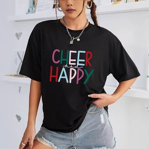 T-shirt noir décontracté pour femme avec col rond et imprimé de lettres colorées