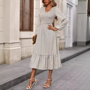 Elegant Women V Neck Geometric Print Maxi Dress Long Sleeve Smocked Waist A-Line Ruffle Hem Casual Party Autumn Flowy Dress