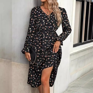 Robe midi élégante à imprimé fleuri avec col en V, manches longues et poignets volantés