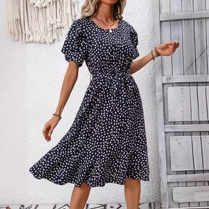 Women Navy Blue Polka Dot Midi Dress Bubble Sleeve Tie Waist Ruffle Hem A-Line Casual Summer Lightweight Polyester Dress