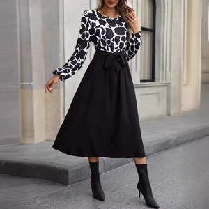 Women's Elegant Cow Print Splicing Midi Dress Round Neck Lantern Long Sleeve Tie Waist Contrast Color A-Line Swing Party Dress