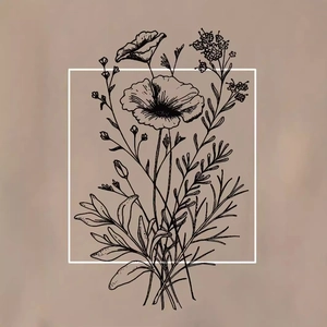 Women's summer T-shirt featuring minimalist black line art floral print on grey background