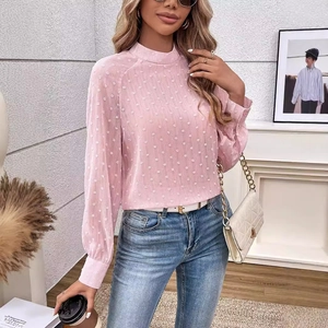 Elegante Camicetta da Donna Rosa con Swiss Dot Autunno Collo Alto Manica Lunga Top in Chiffon Trasparente Moda Casual