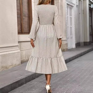 Elegant long sleeve floral midi dress with high waist and ruffle hem for women