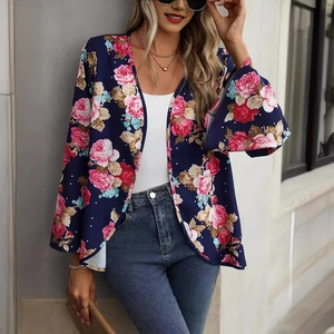 Women Casual Floral Print Kimono Cardigan Flared Long Sleeve Navy Blue Boho V Neck Chiffon Loose Blouse Top For Daily Vacation