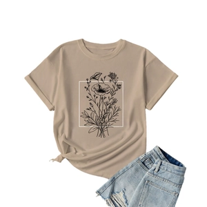 Women's casual beige summer T-shirt with floral graphic and blue denim shorts set