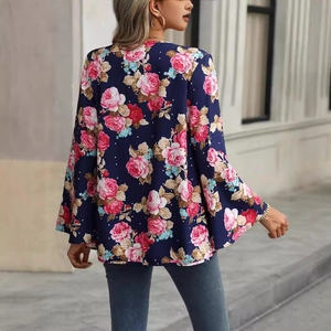 Women's floral V-neck blouse with flare sleeves and blue rose print for autumn fashion