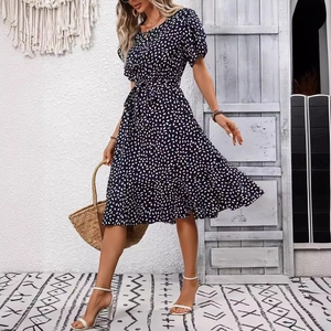 Elegant navy blue puff sleeve floral midi dress with waist tie and ruffle hem detail