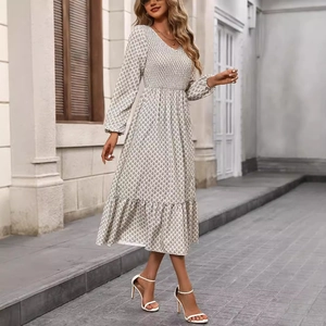 Elegant long sleeve A-line floral midi dress with V-neck and smocked waist design