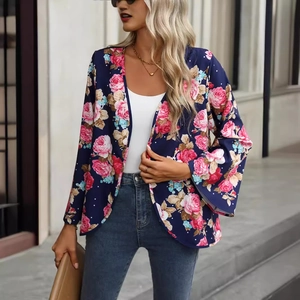 Women's dark blue V-neck floral blazer with pink roses and white polka dots pattern