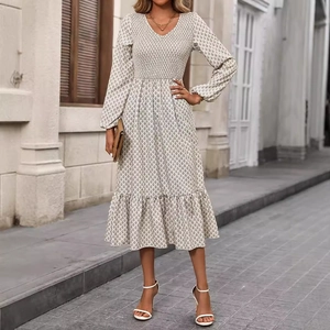 Elegant long sleeve floral midi dress with V-neck and ruffled hem for women